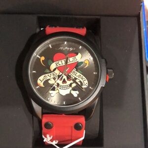 ED HARDY Mens “love kills slowly” Matte Red Silicone Strap Watch 46mm new in box